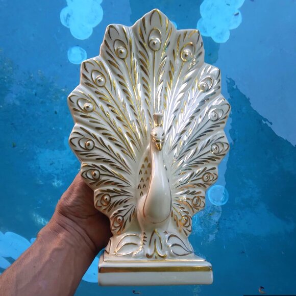 Stunning 24K Gold Gilded LusterGlazed Porcelain Hollywood Regency Peacock Vase - Picture 10 of 12